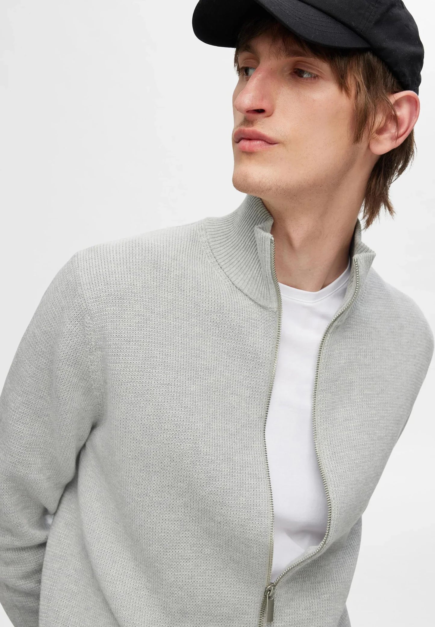 Comfort Cardigan with High Neck and Zip - Grey