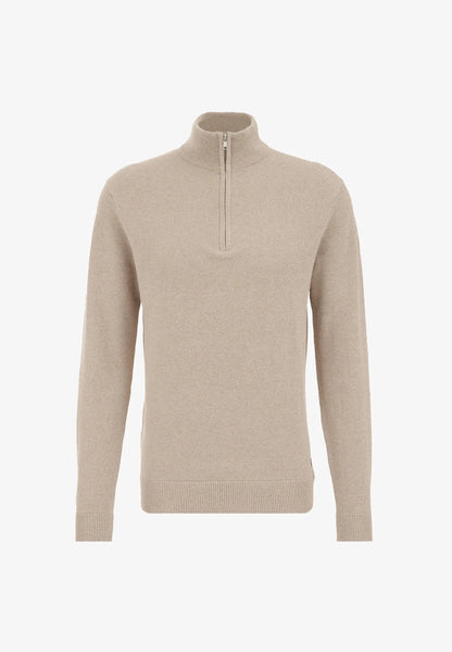 Men's Cotton Sweater with Troyer Collar and Zip - Beige