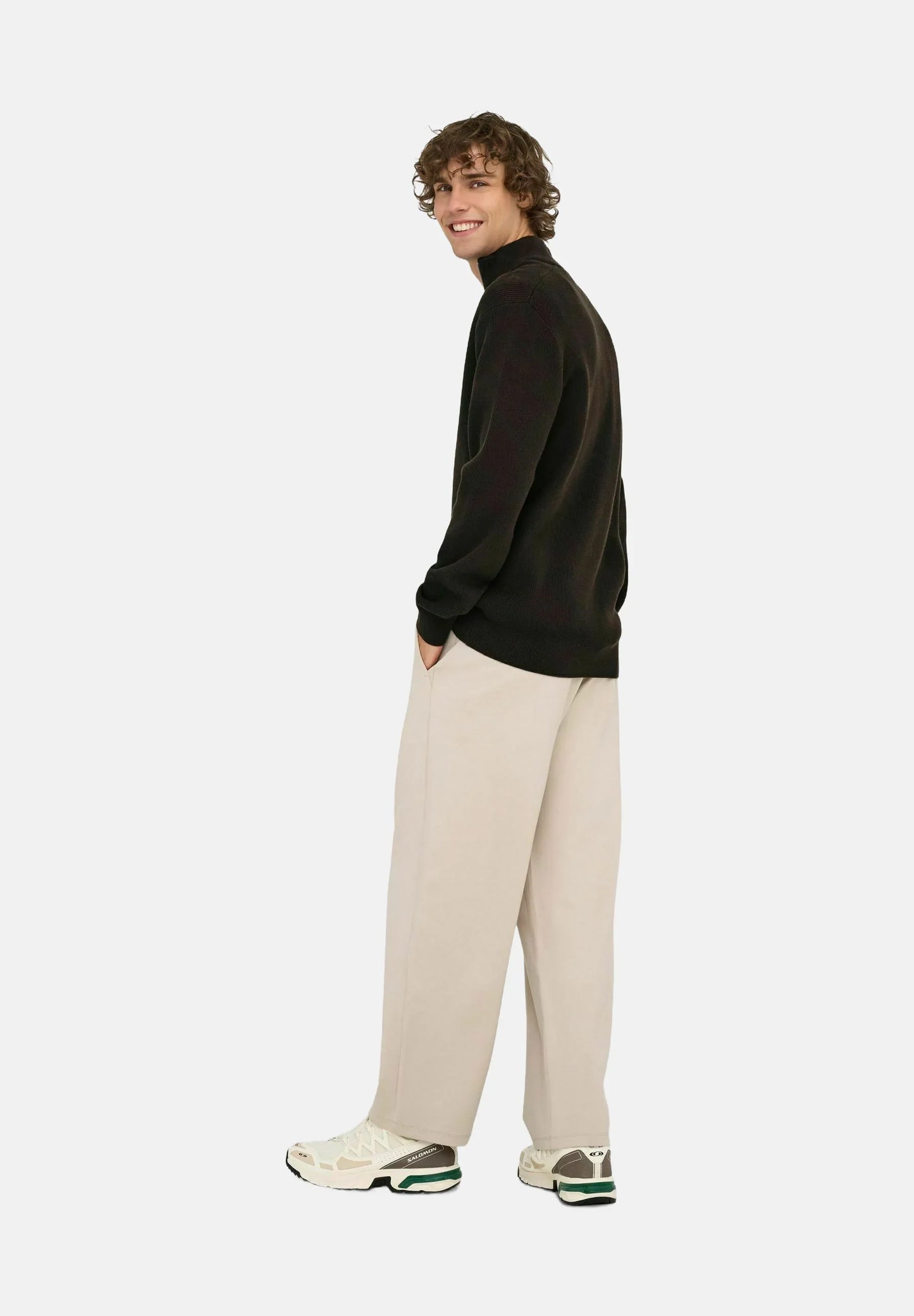 Textured Comfort Jumper with High Neck and Zipper - Coffee