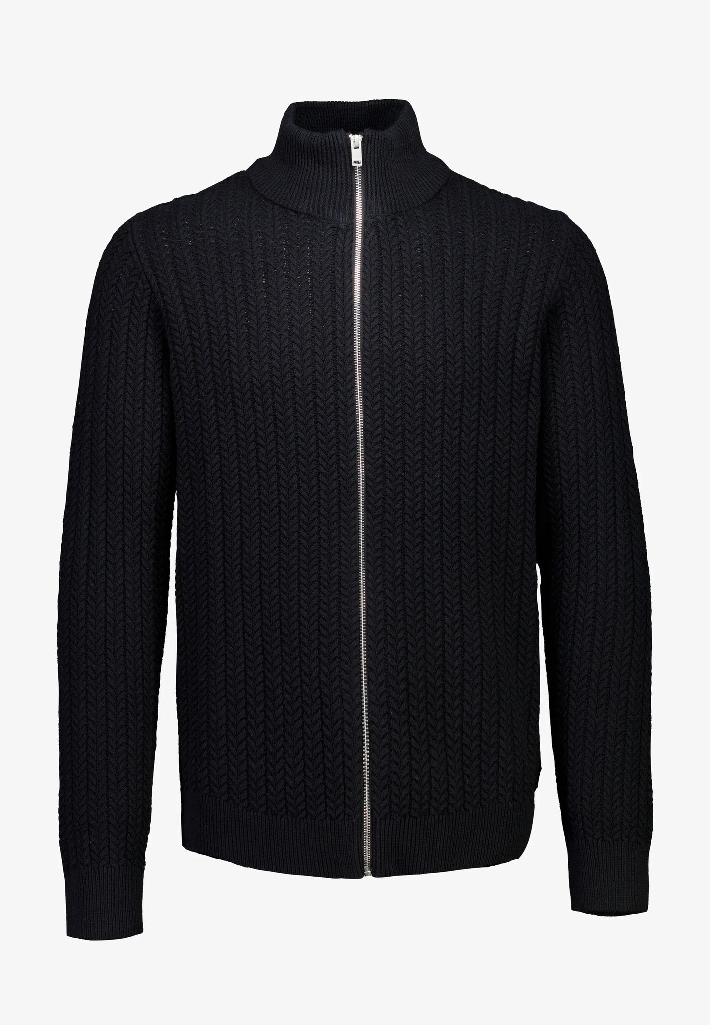 Textured Knit Cardigan with High Neck and Zipper - Black