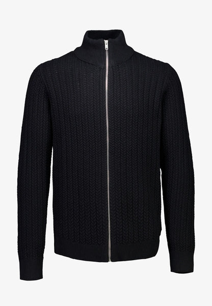 Textured Knit Cardigan with High Neck and Zipper - Black