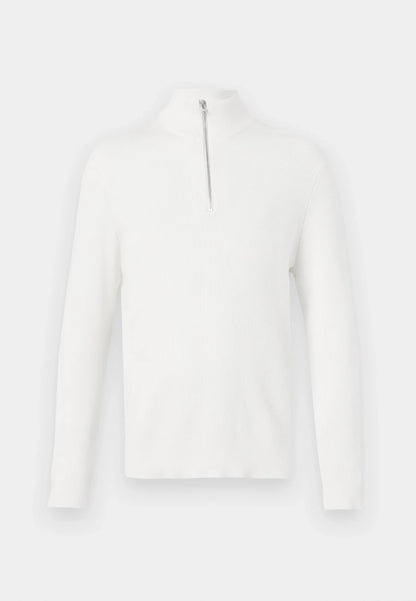 Textured Comfort Jumper with High Neck and Zip - White