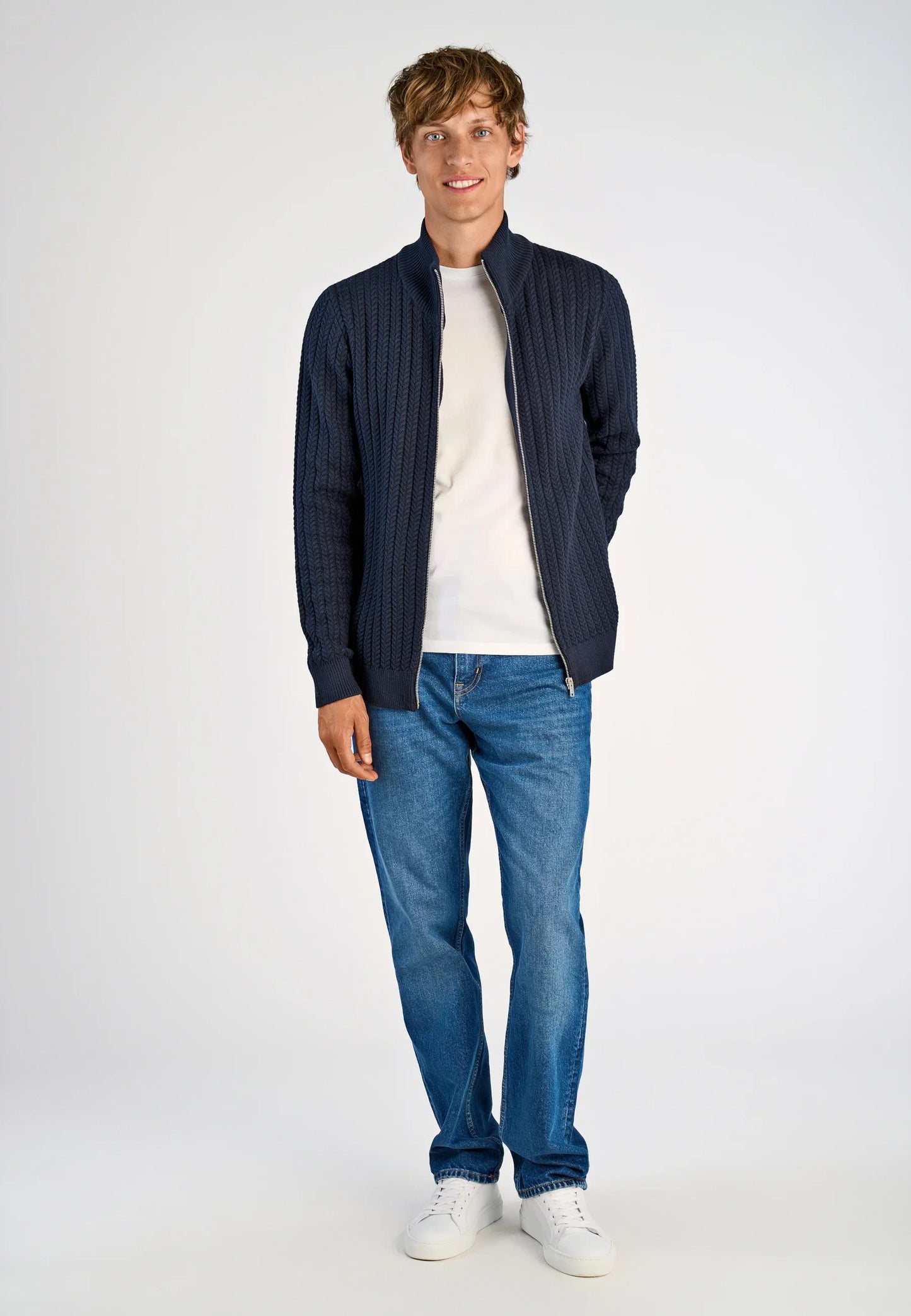 Textured Knit Cardigan with High Neck and Zipper - Navy Blue