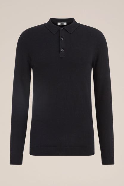 Long Sleeve Fine Knit Polo Shirt - Black