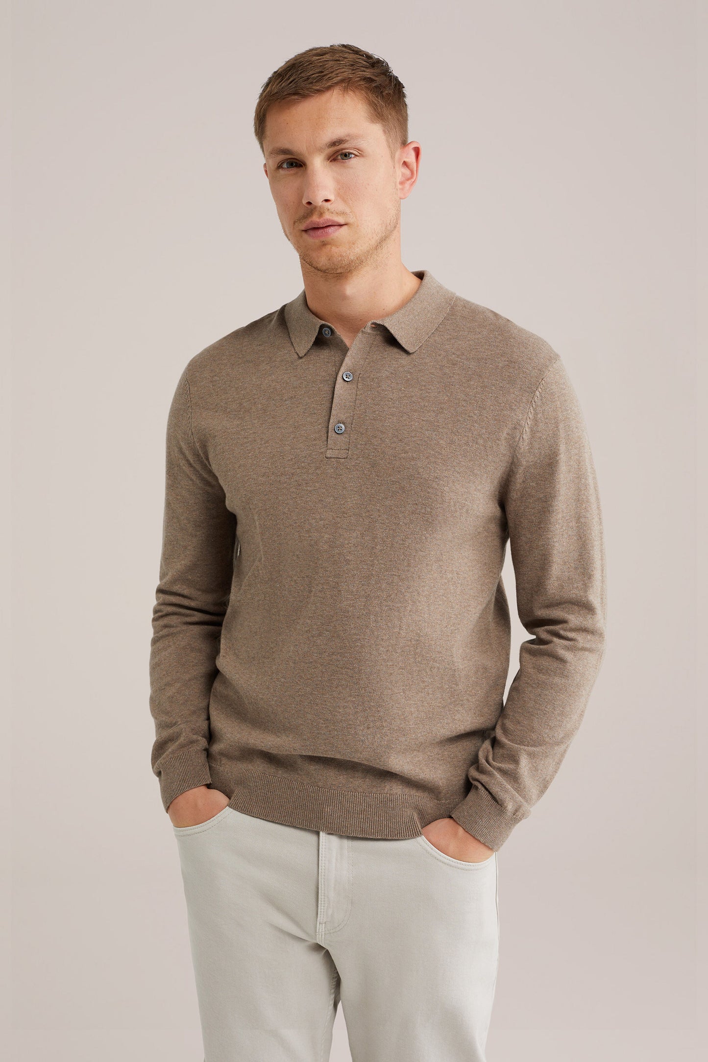 Long Sleeve Fine Knit Polo Shirt - Brown