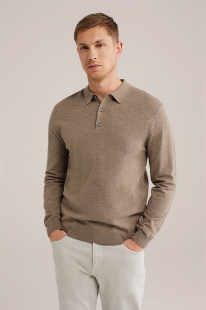 Long Sleeve Fine Knit Polo Shirt - Brown