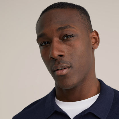 Long Sleeve Fine Knit Polo Shirt - Navy Blue