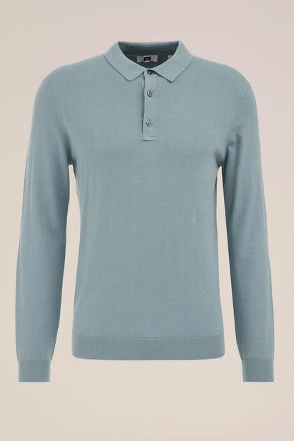 Long Sleeve Fine Knit Polo Shirt - Light Blue