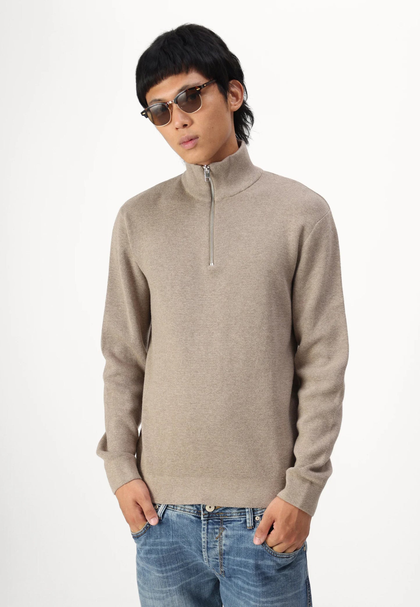 Textured Comfort Jumper with High Neck and Zip - Brown