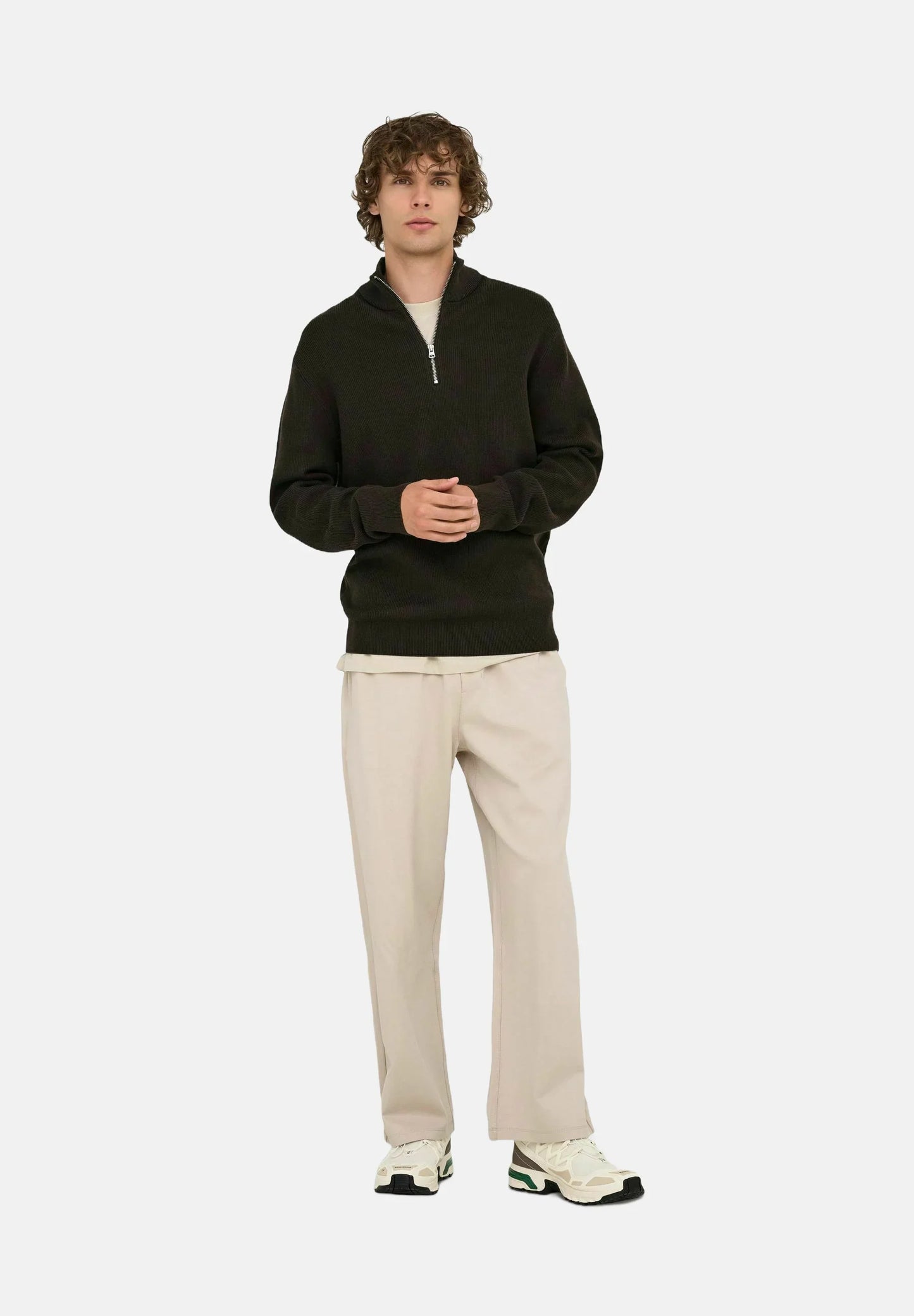 Textured Comfort Jumper with High Neck and Zipper - Coffee