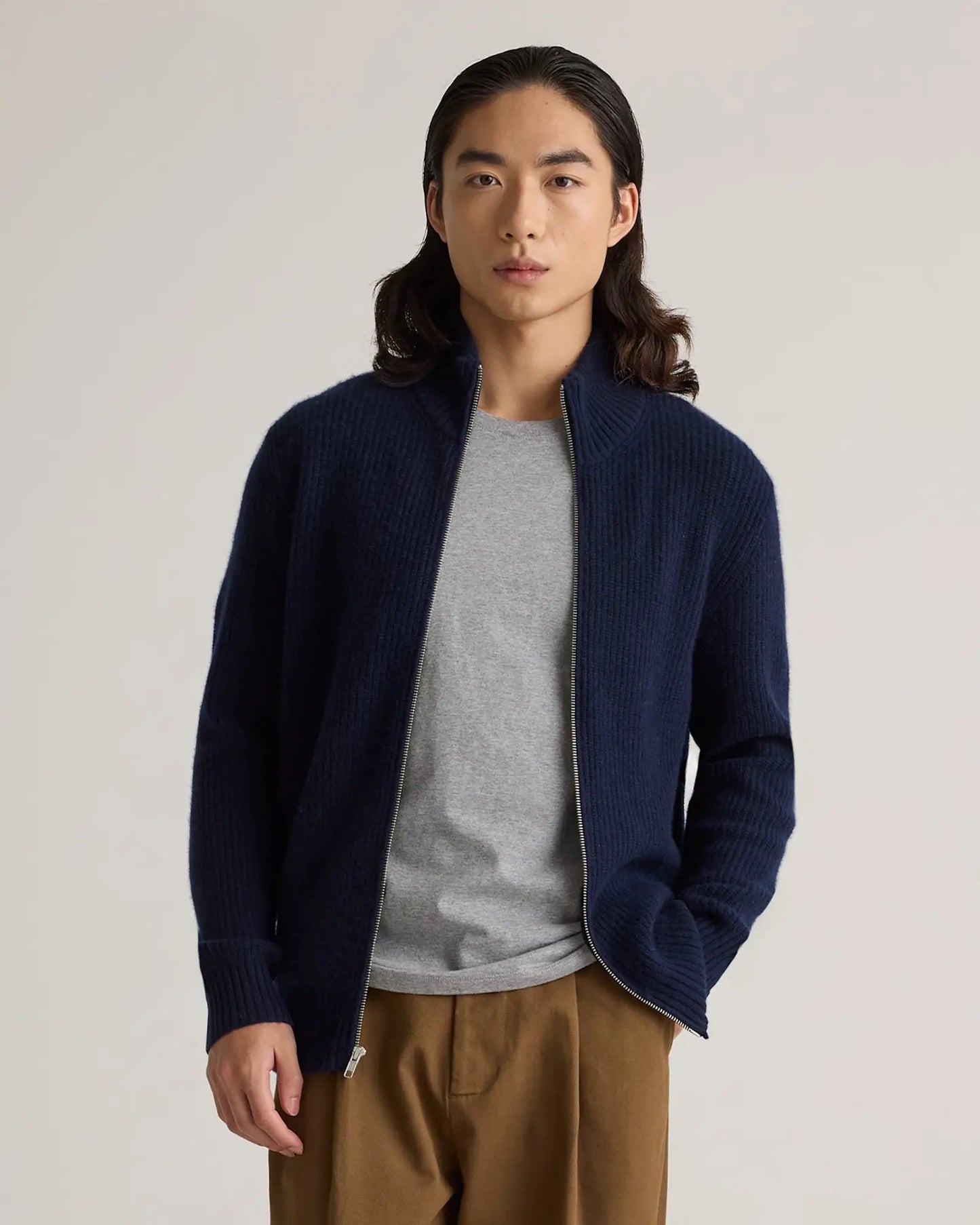 Men's 100% Cotton Front Zip Jumper - Navy Blue
