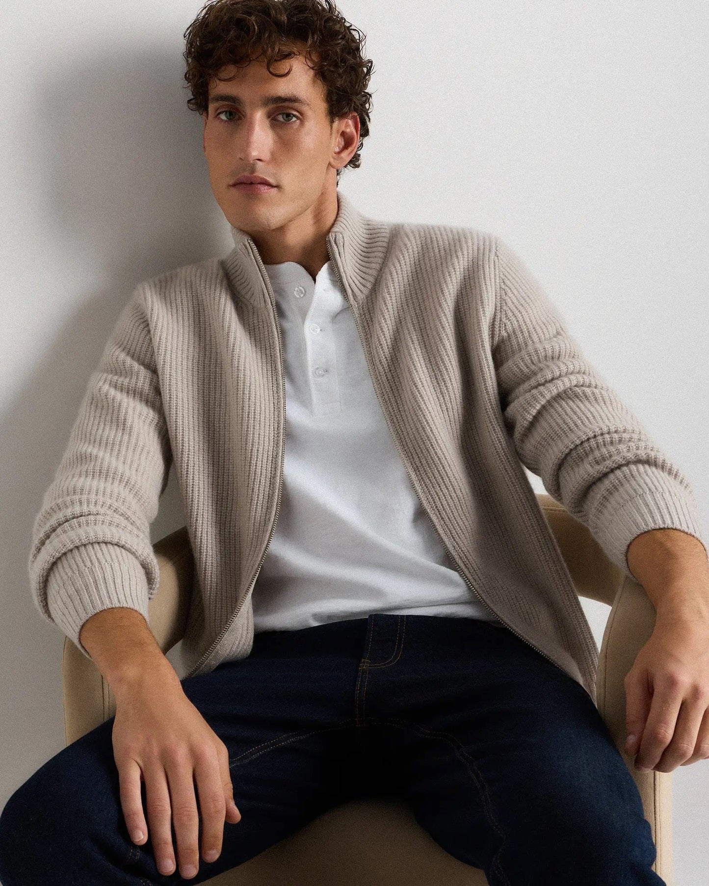 Men's 100% Cotton Zip-Up Jumper - Off White