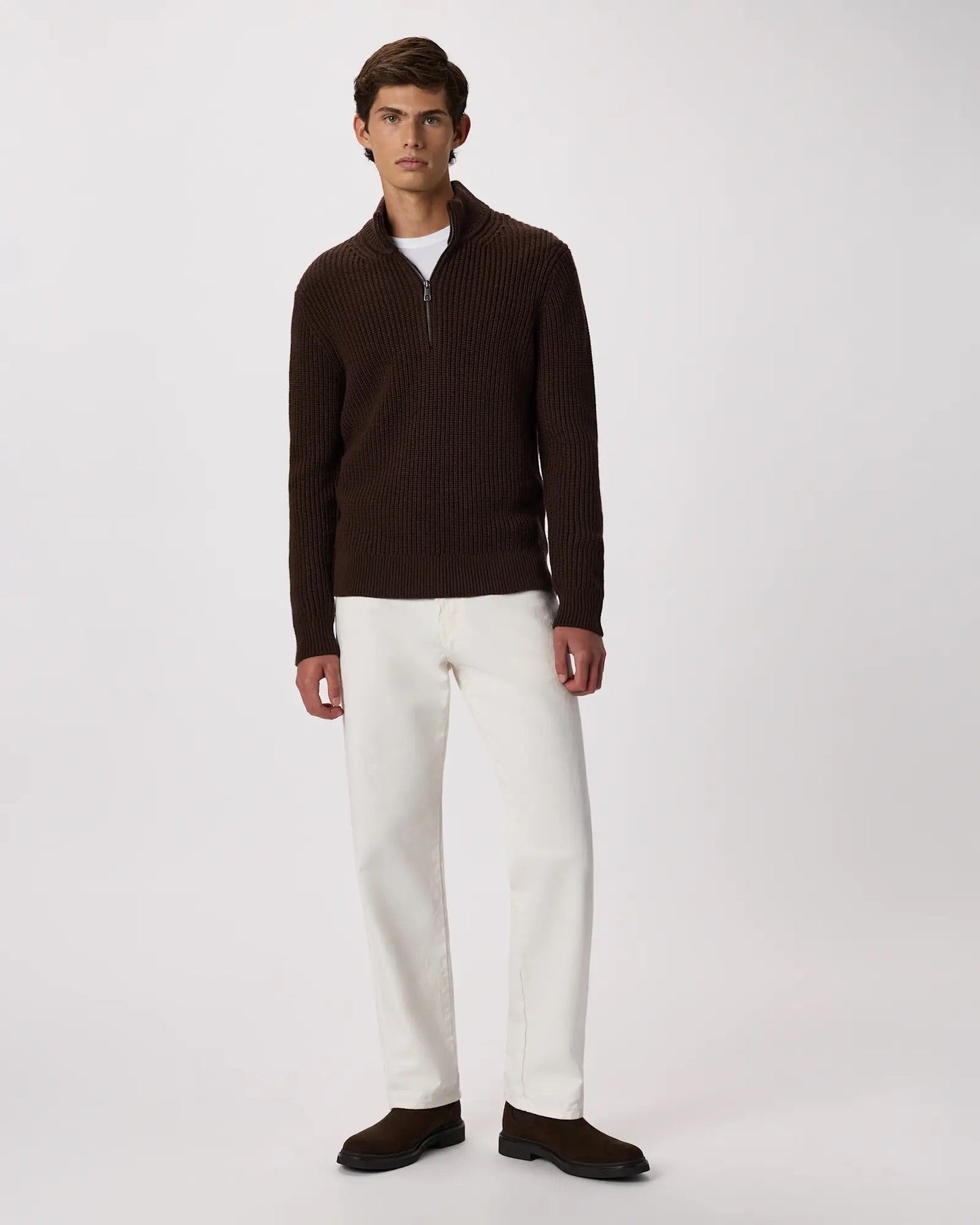 Ribbed Quarter Zip Jumper - Brown