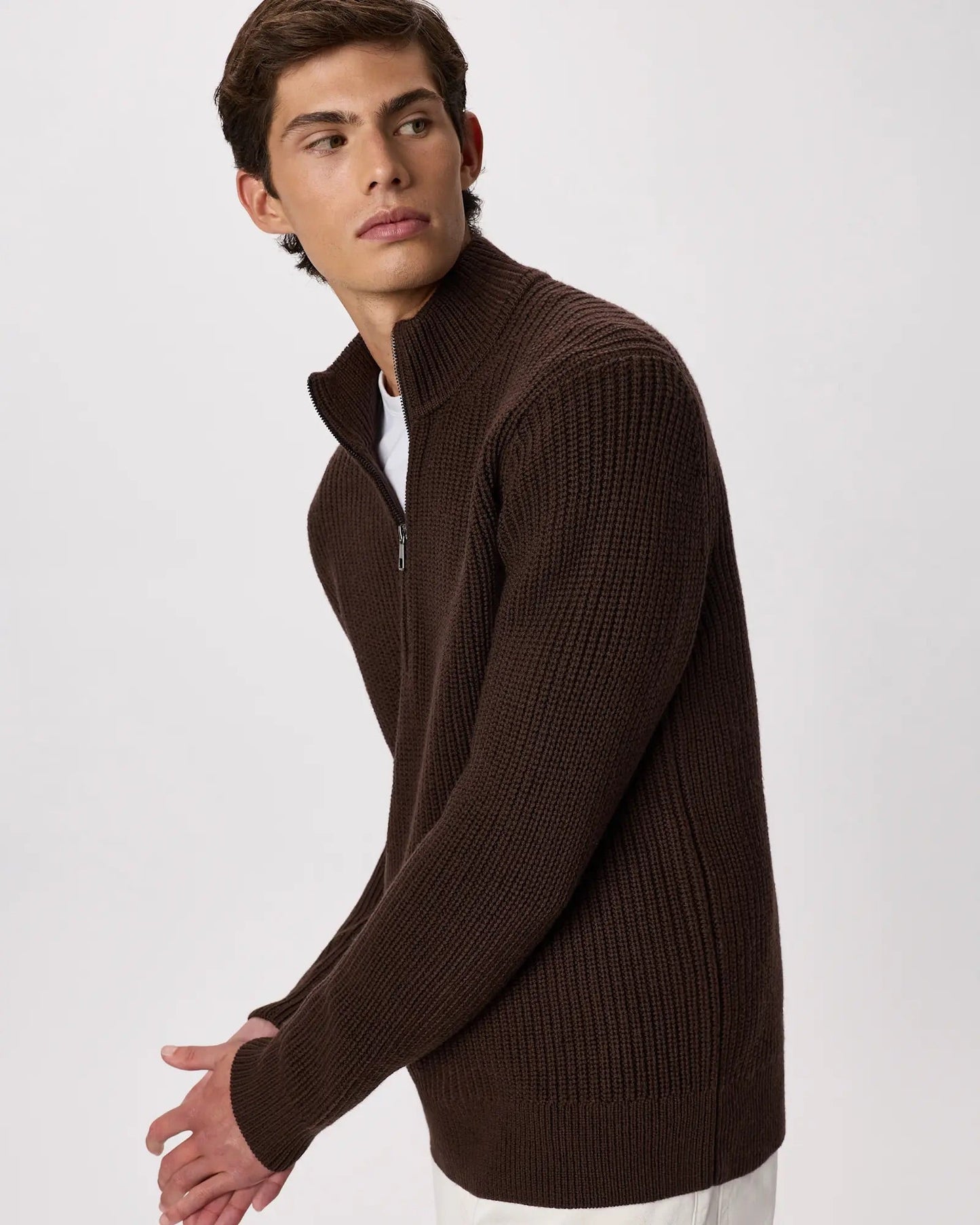 Ribbed Quarter Zip Jumper - Brown