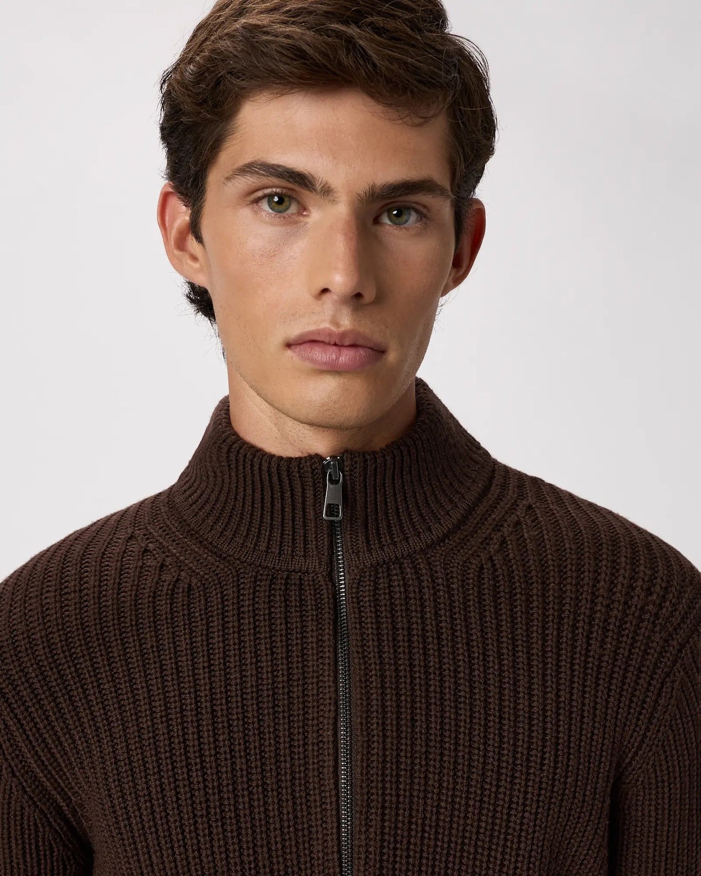 Ribbed Quarter Zip Jumper - Brown