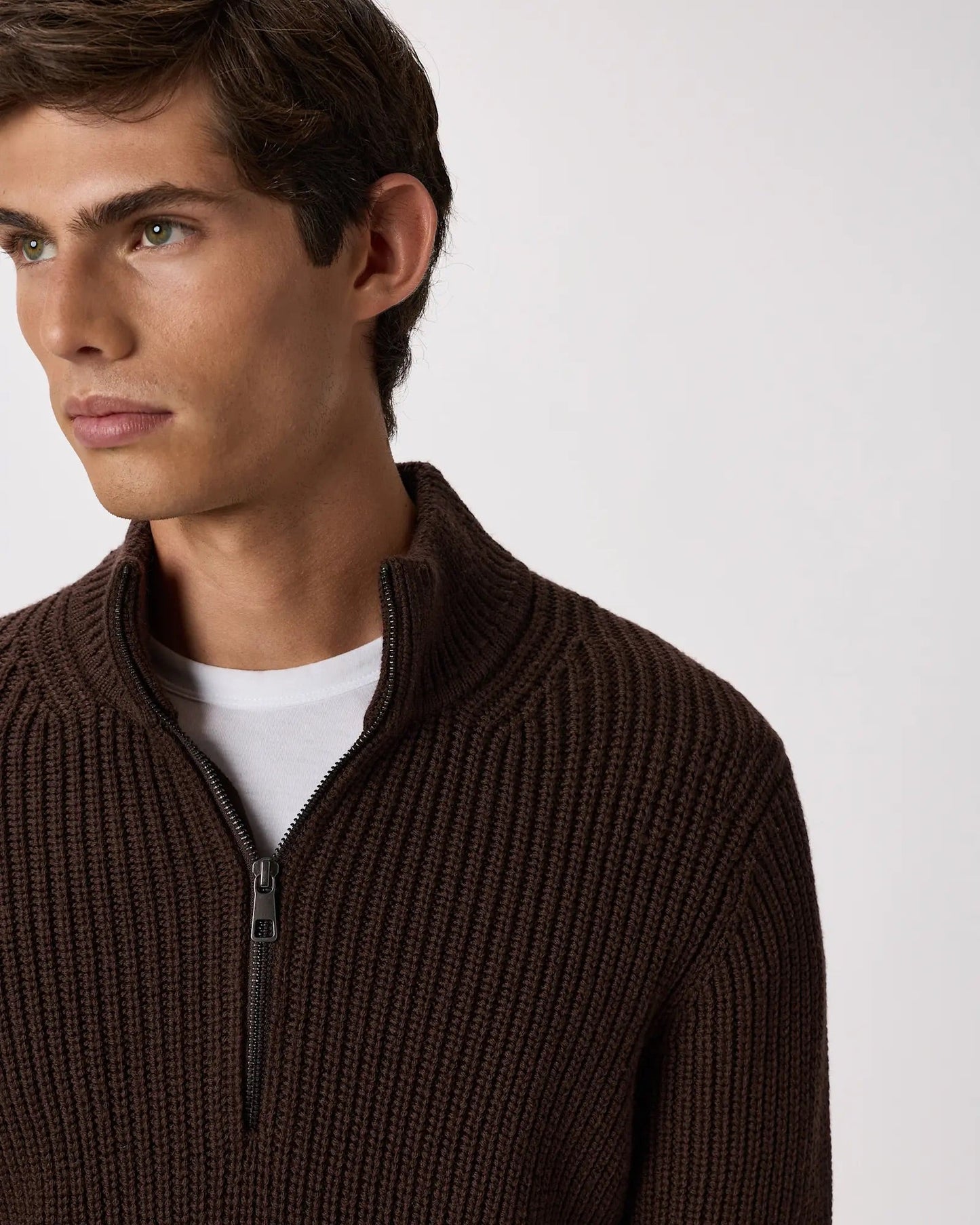 Ribbed Quarter Zip Jumper - Brown