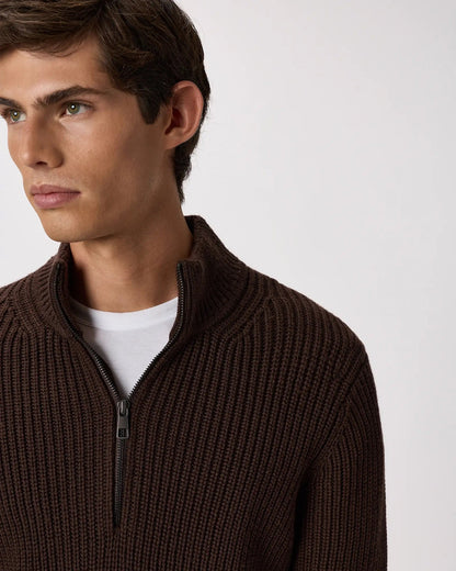Ribbed Quarter Zip Jumper - Brown