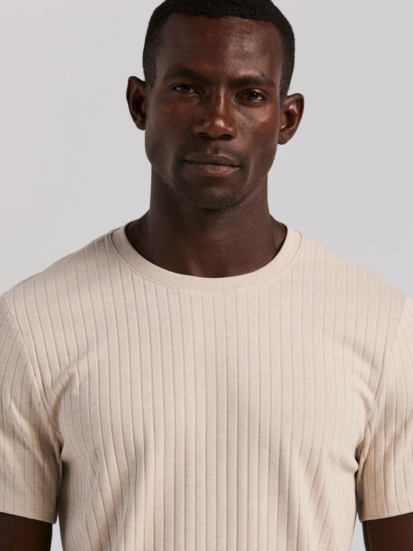 Ribbed Round Neck Blend T-Shirt - Beige