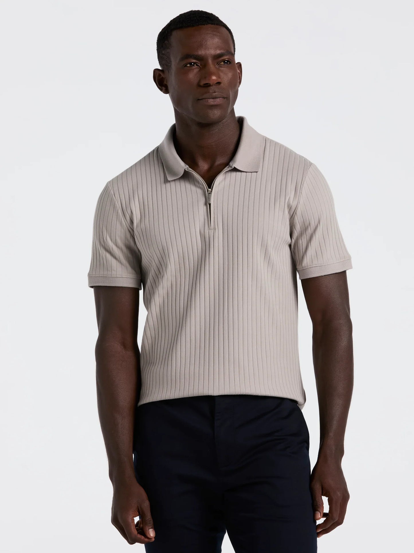 Ribbed Polo Collar Shirt with Blend Zipper - Beige