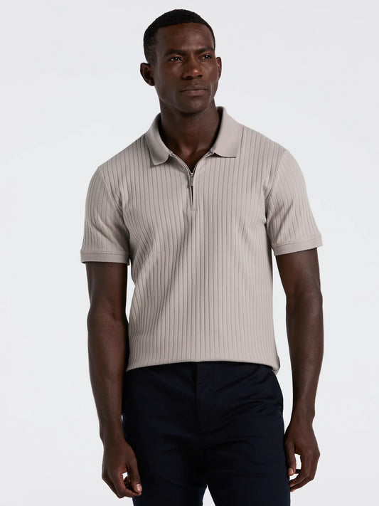 Ribbed Polo Collar Shirt with Blend Zipper - Beige