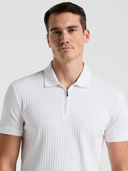 Ribbed Polo Collar Shirt with Zip Blend - White