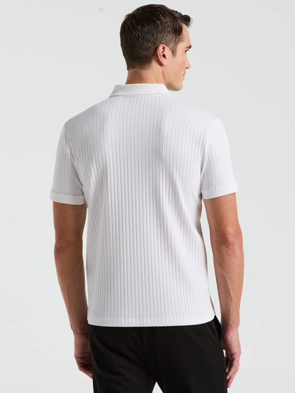 Ribbed Polo Collar Shirt with Zip Blend - White