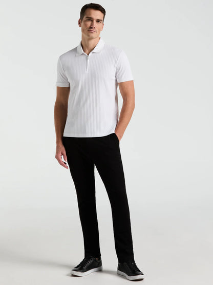 Ribbed Polo Collar Shirt with Zip Blend - White