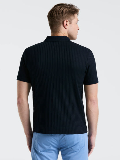 Ribbed Polo Collar Shirt with Zip Blend - Navy Blue