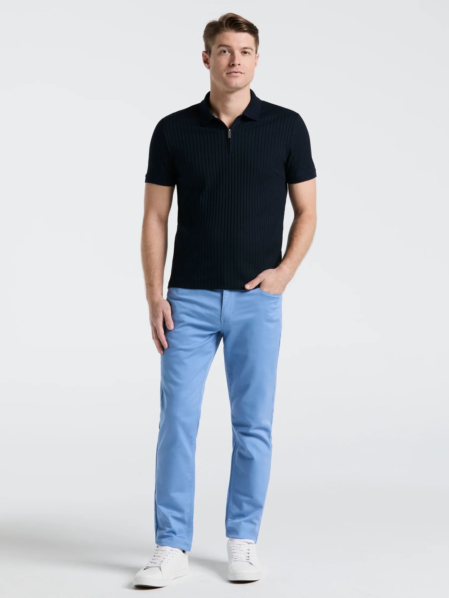 Ribbed Polo Collar Shirt with Zip Blend - Navy Blue