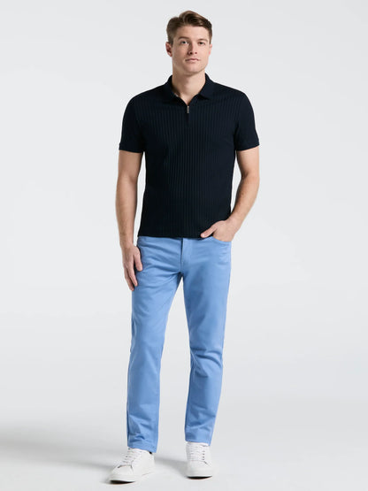 Ribbed Polo Collar Shirt with Zip Blend - Navy Blue