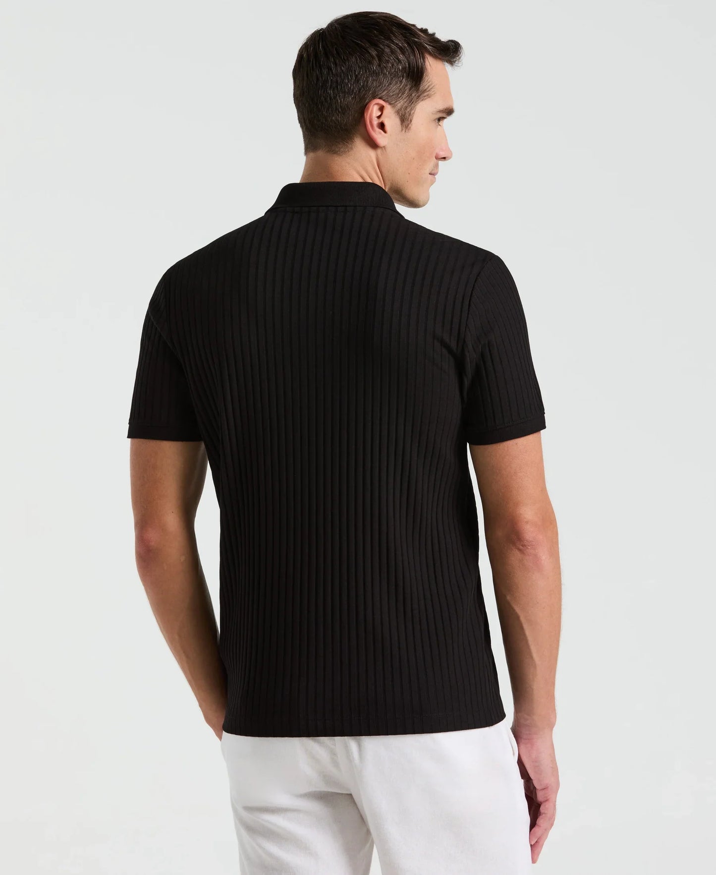 Ribbed Polo Collar Shirt with Zip Blend - Black