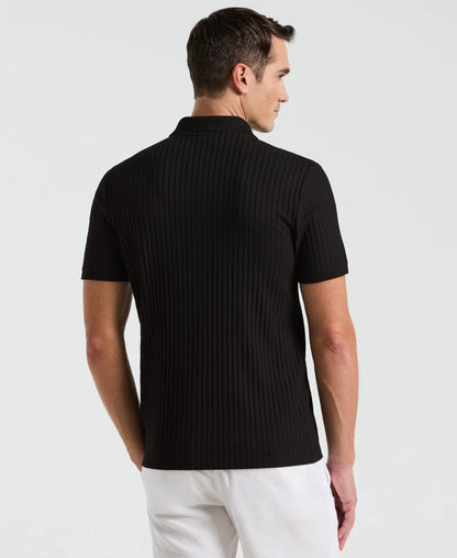 Ribbed Polo Collar Shirt with Zip Blend - Black