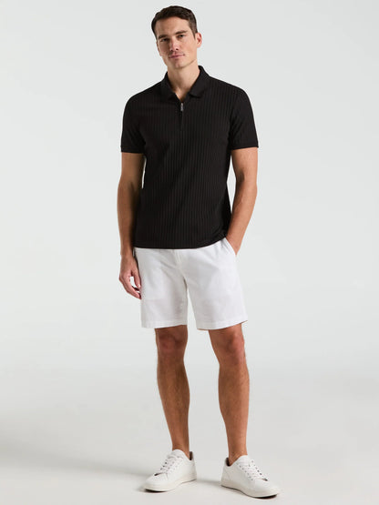 Ribbed Polo Collar Shirt with Zip Blend - Black