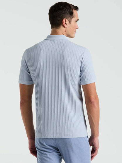 Ribbed Polo Collar Shirt with Zip Blend - Light Blue