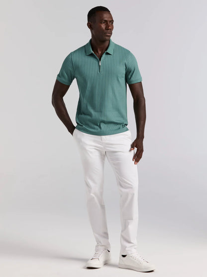 Ribbed Polo Collar Shirt with Zipper Blend - Aqua Green