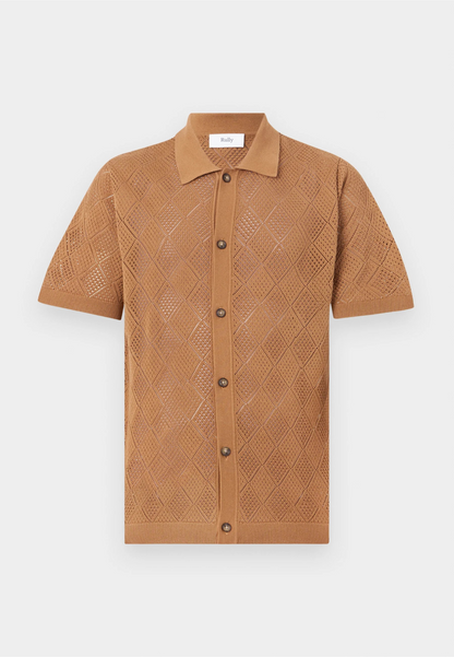 Polo Collar Knit Textured Shirt - Brown