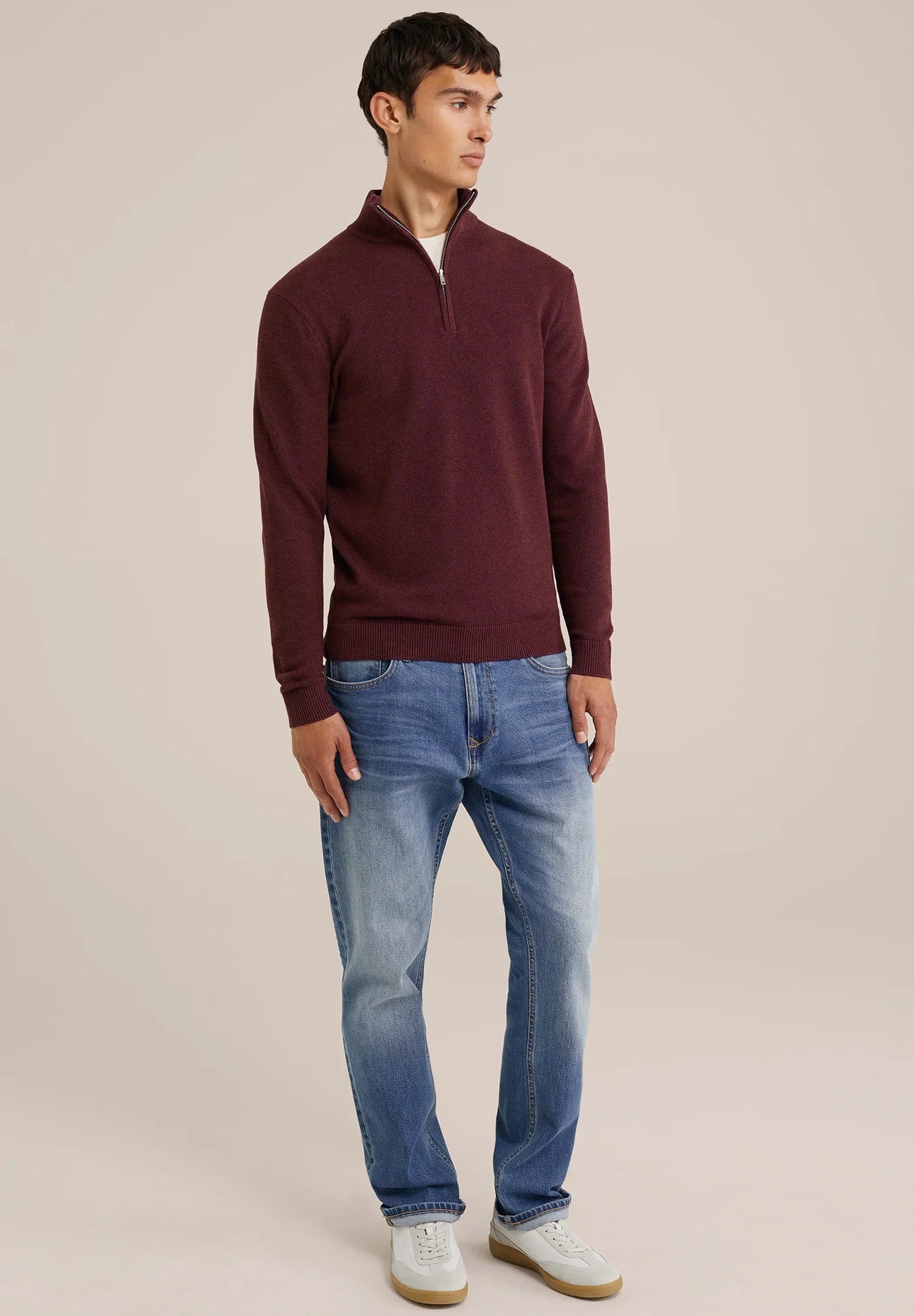 Men's Cotton Jumper with Troyer Neck and Zip - Red