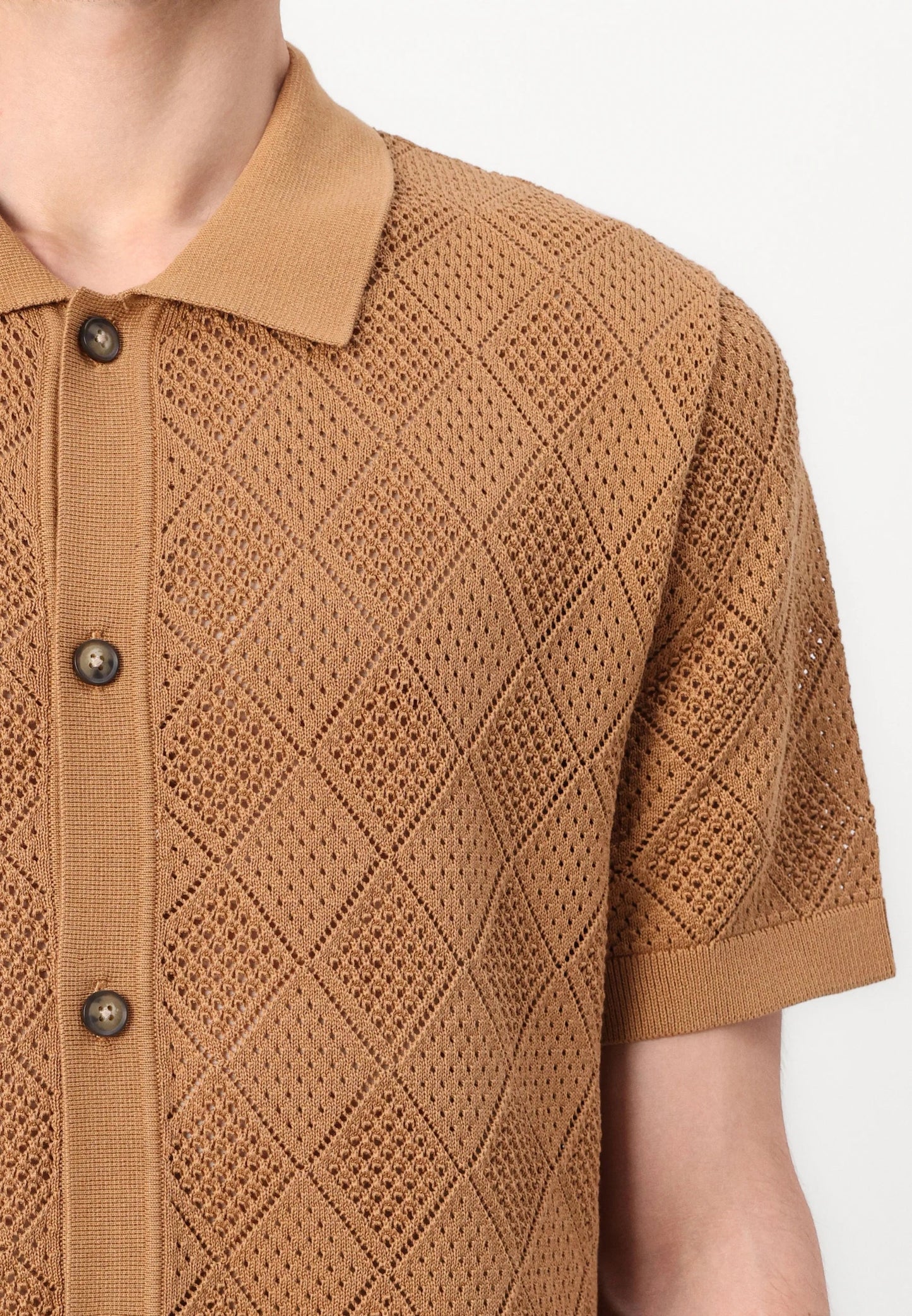 Polo Collar Knit Textured Shirt - Brown