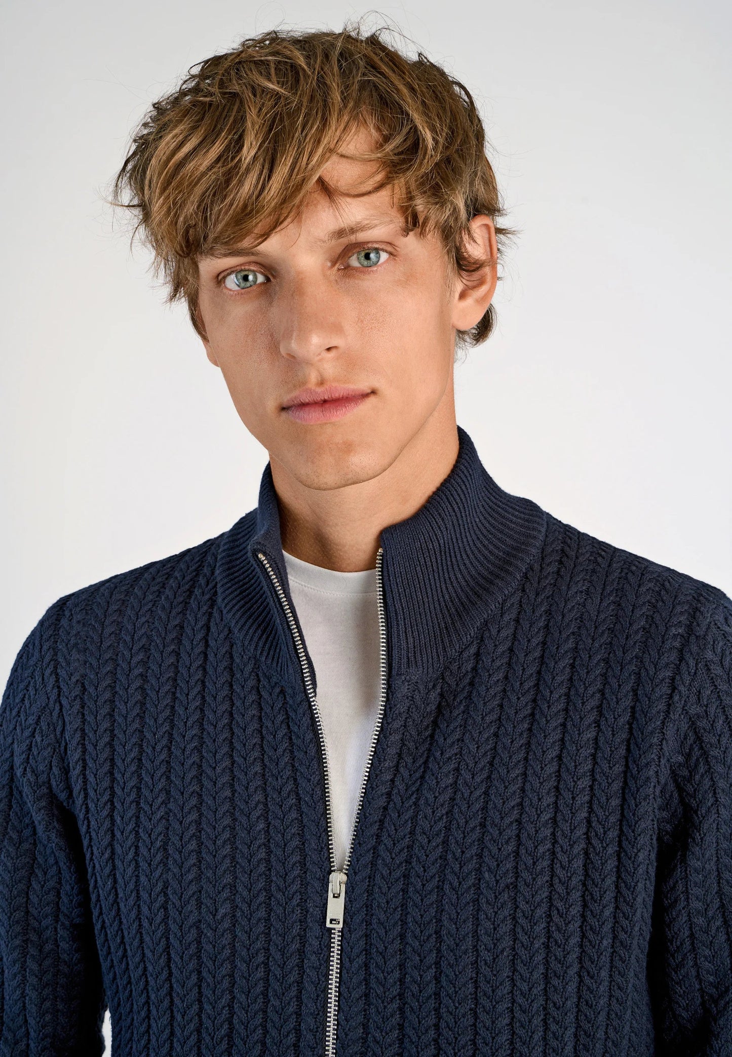 Textured Knit Cardigan with High Neck and Zipper - Navy Blue