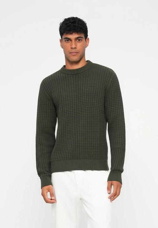 Textured Men's Round Neck Jumper - Green