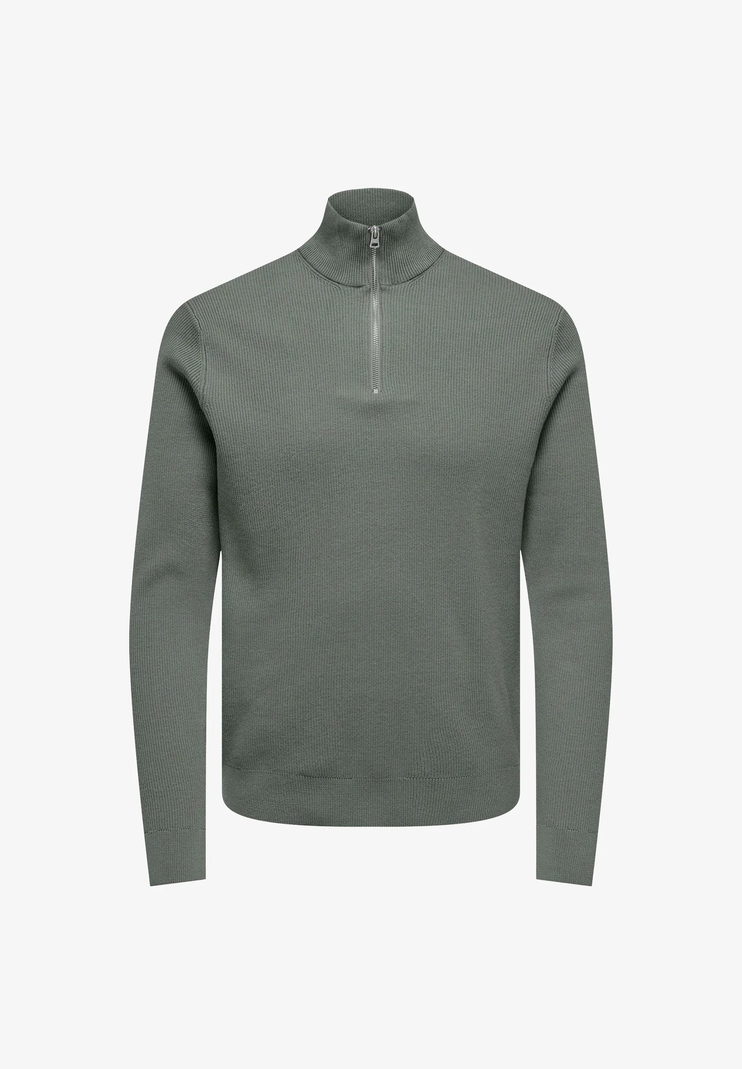 Textured Comfort Jumper with High Neck and Zip - Moss Green