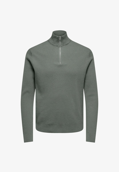 Textured Comfort Jumper with High Neck and Zip - Moss Green