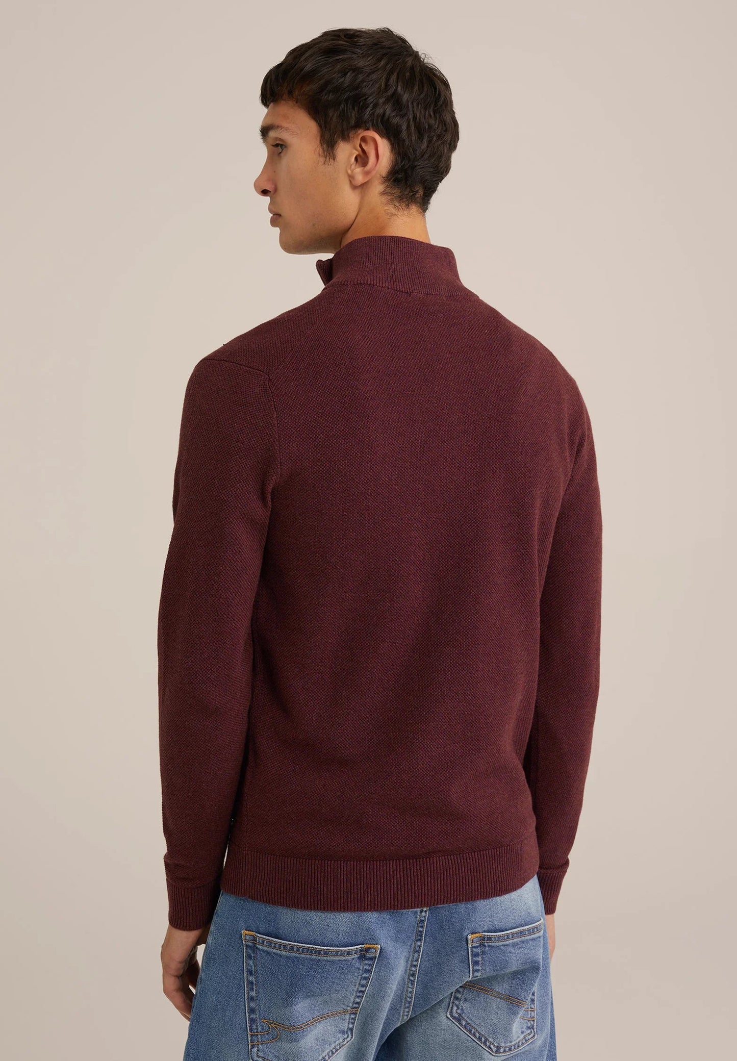 Men's Cotton Jumper with Troyer Neck and Zip - Red