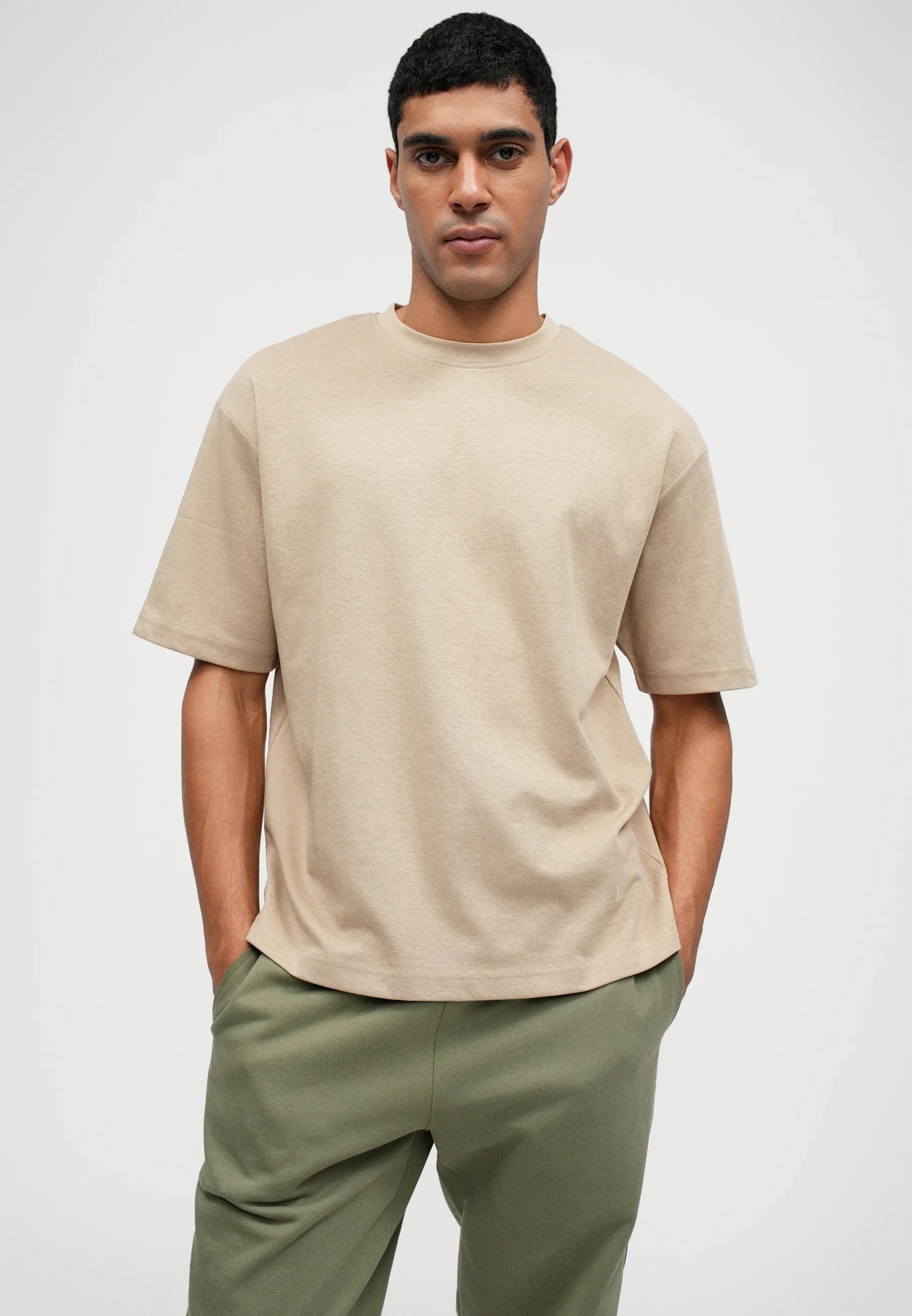 Men's Basic Oversized Round Neck T-Shirt - Beige