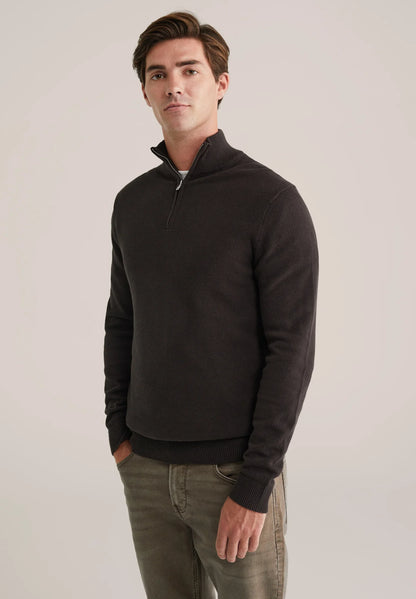 Men's Cotton Sweater with Troyer Collar and Zip - Brown