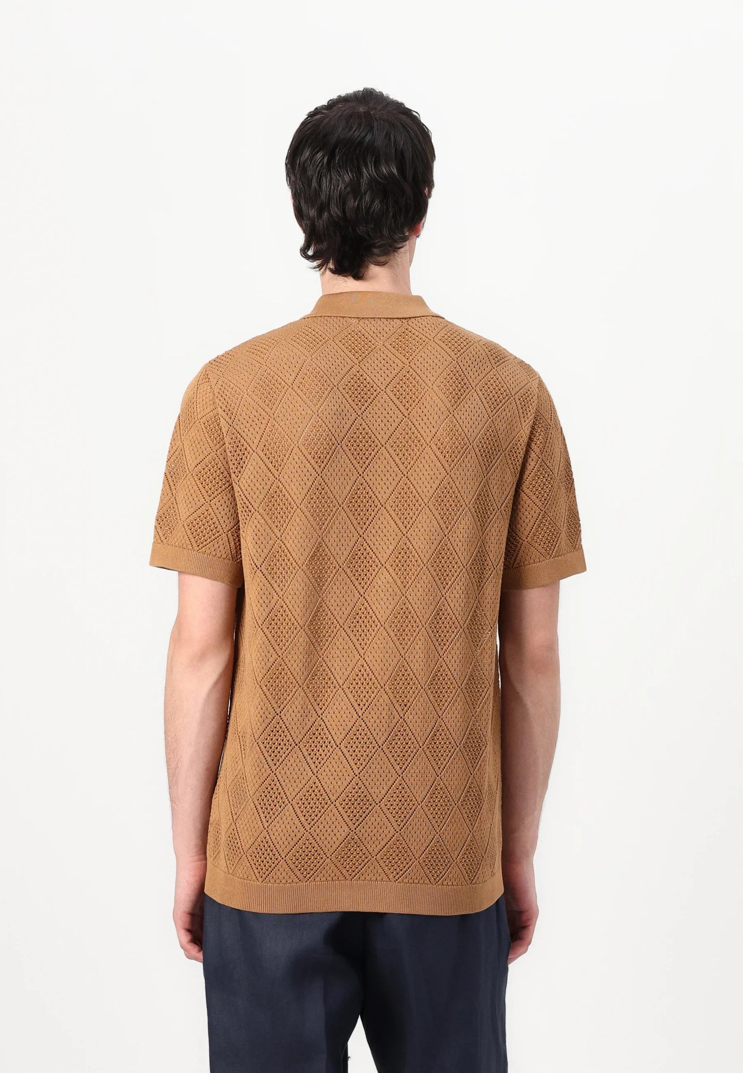 Polo Collar Knit Textured Shirt - Brown