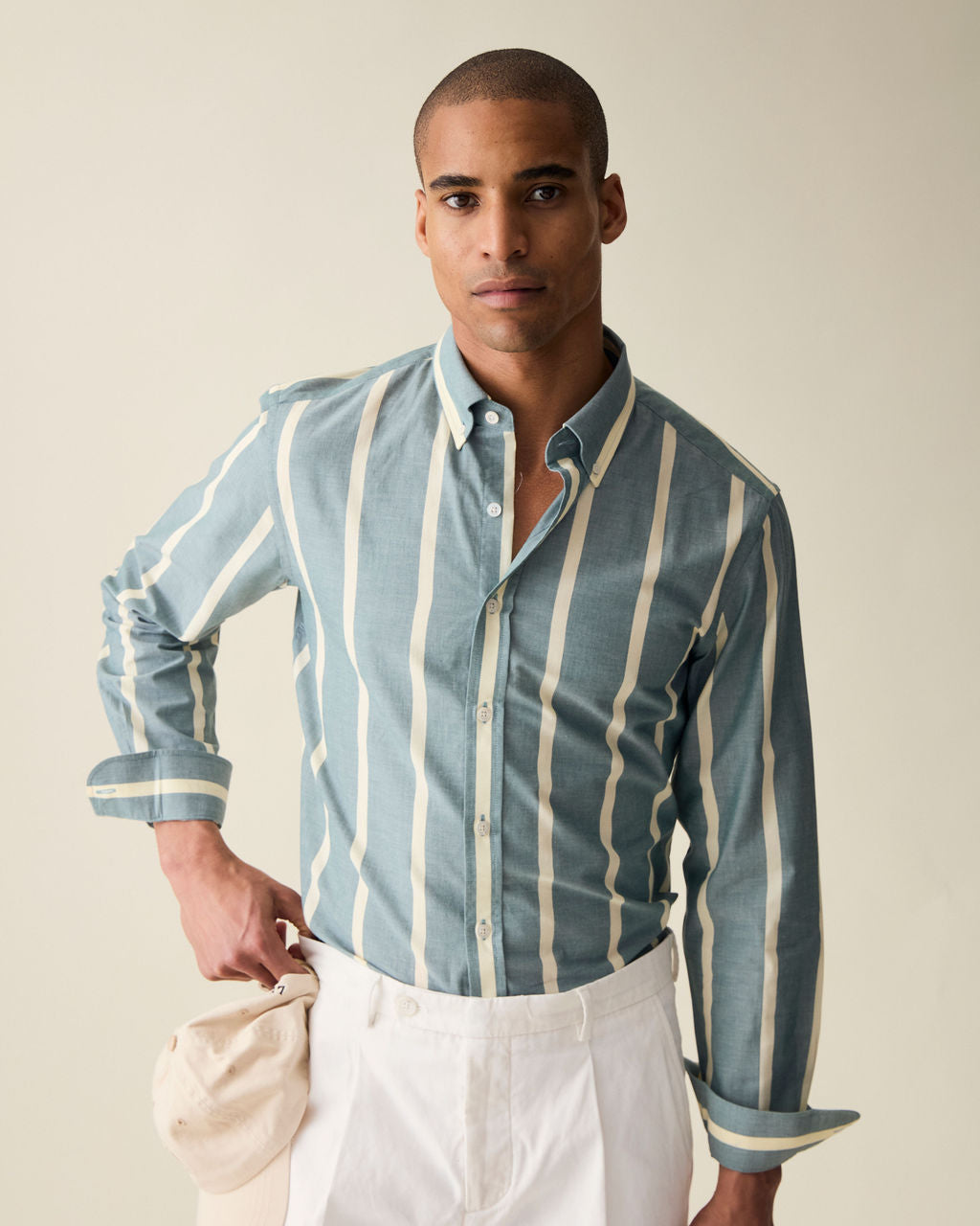Striped Chambray Shirt - Olive Green