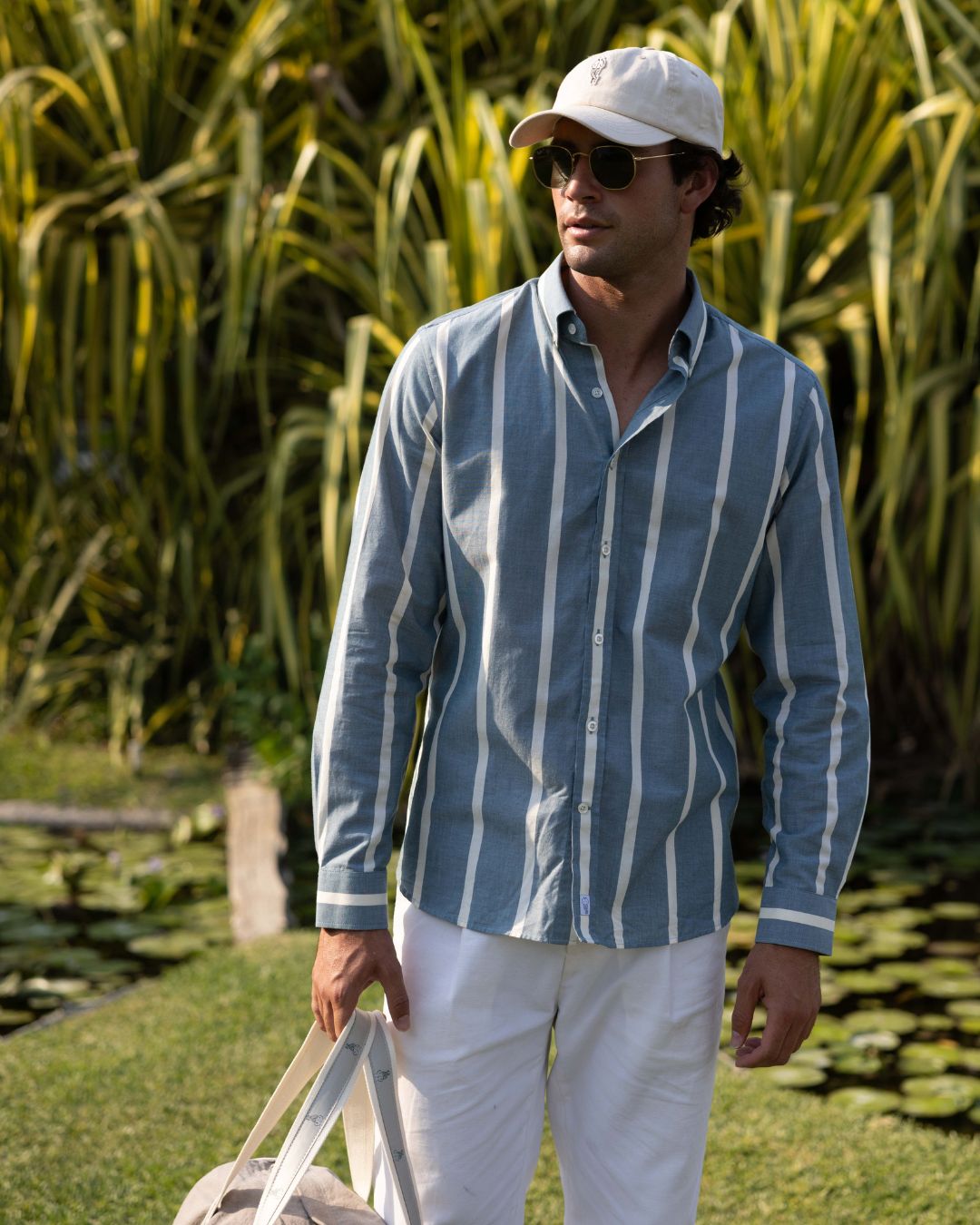 Striped Chambray Shirt - Olive Green