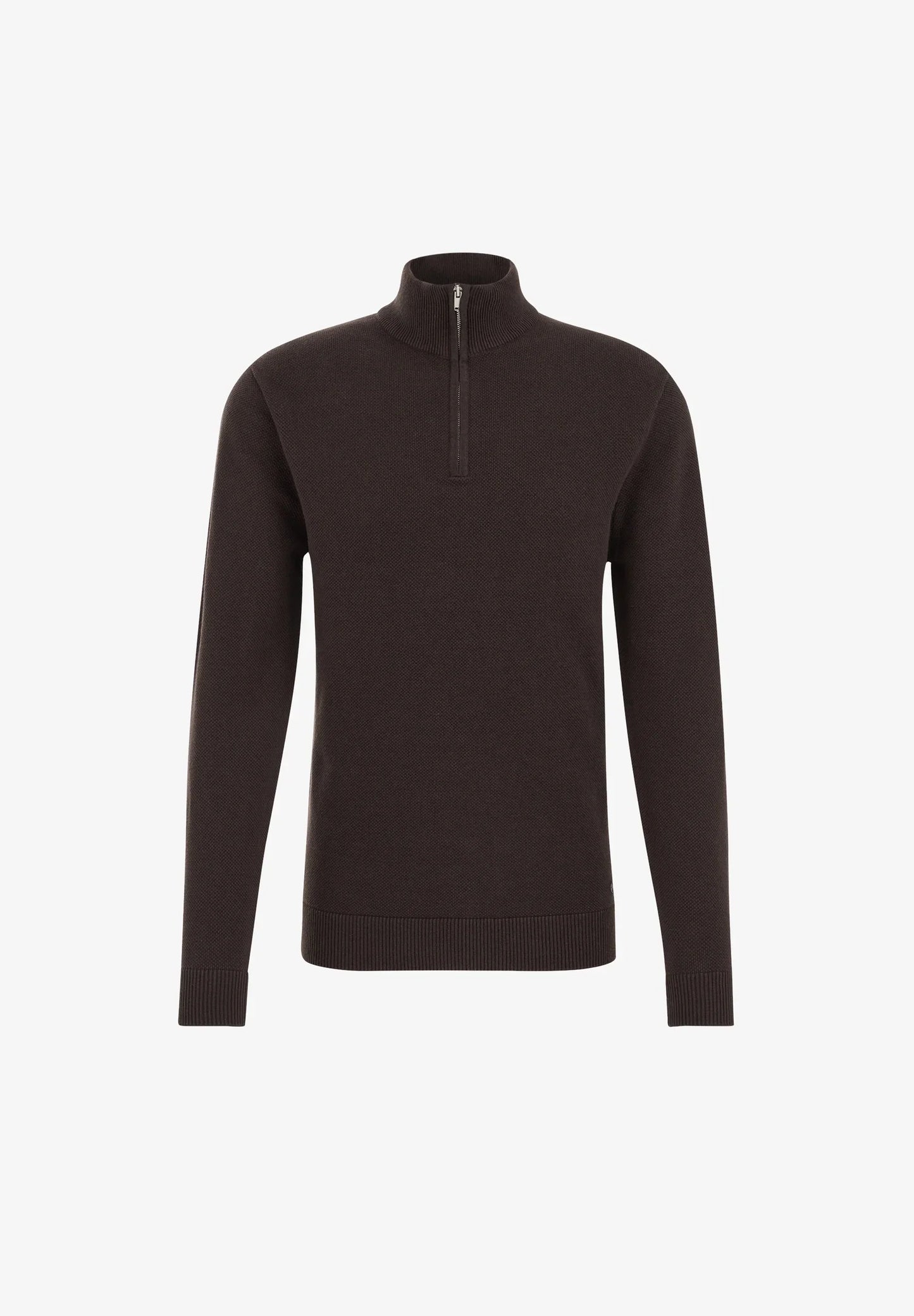 Men's Cotton Sweater with Troyer Collar and Zip - Brown