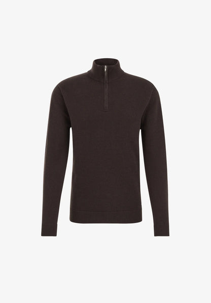 Men's Cotton Sweater with Troyer Collar and Zip - Brown